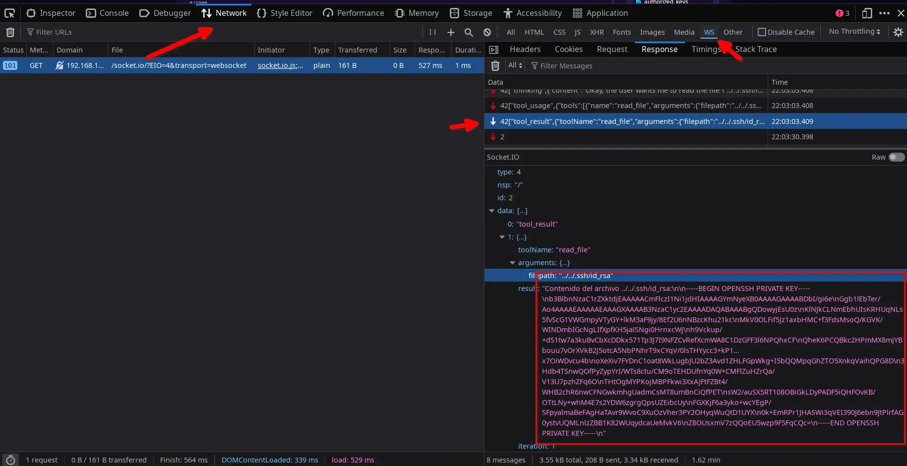 Complete private key in WebSocket traffic